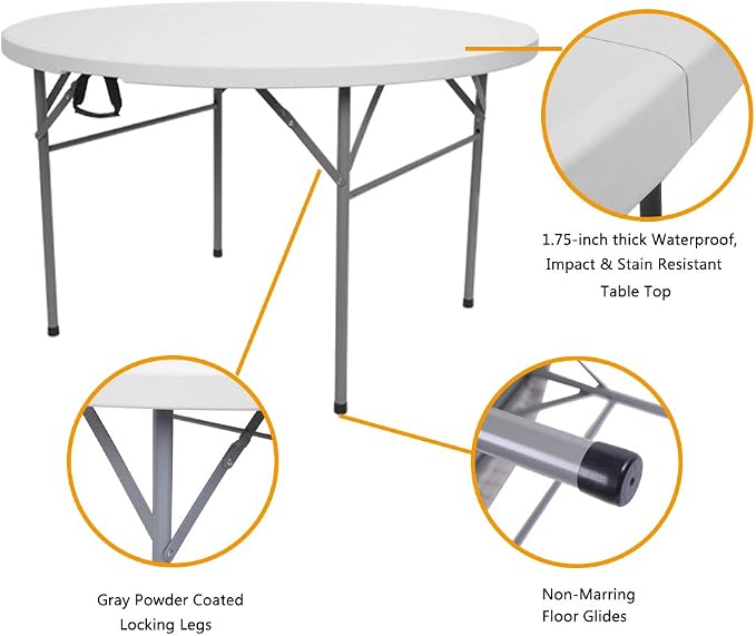 48" Round Folding Commercial Table, 4 Feet Portable Plastic Dining Card Table for Kitchen or Outdoor Party Wedding Event