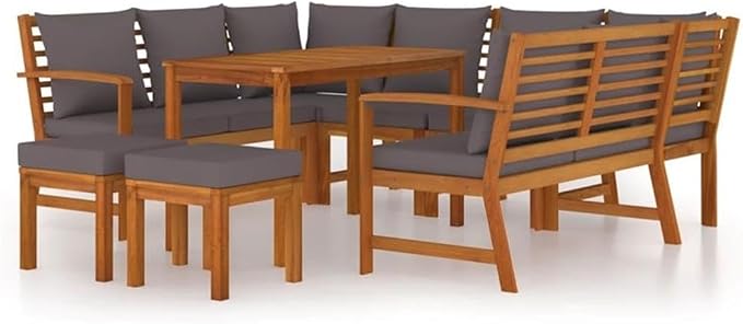 Afuera Living 9-Piece Solid Acacia Wood Patio Dining Set, Brown Oiled Finish, Includes Table, Benches, Sofas, Footstools, Cushions, Weather-Resistant Outdoor Furniture for Garden or Terrace Dining