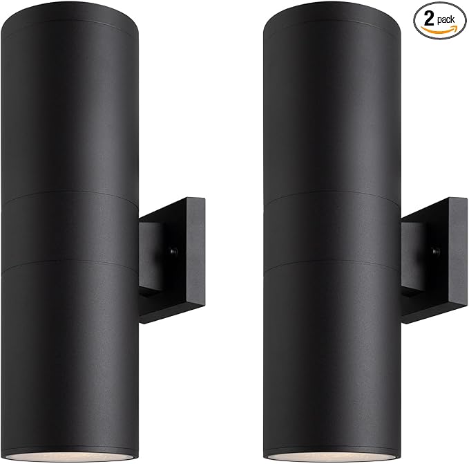 mirrea 18" Modern Outdoor Porch Light in 2 Lights, Matte Black, 2 Pack | Aluminum cylinder exterior fixtures, tempered glass cover, waterproof wall sconce & patio light for outdoor use.