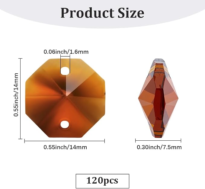 120Pcs 14mm Glass Octagon Crystal Beads 2 Hole Crystal Prism Beads Chocolate Chandelier Replacement Parts Links Suncatcher Faceted Spacer for DIY Lamp Hanging Pendant Jewelry Making Crafts