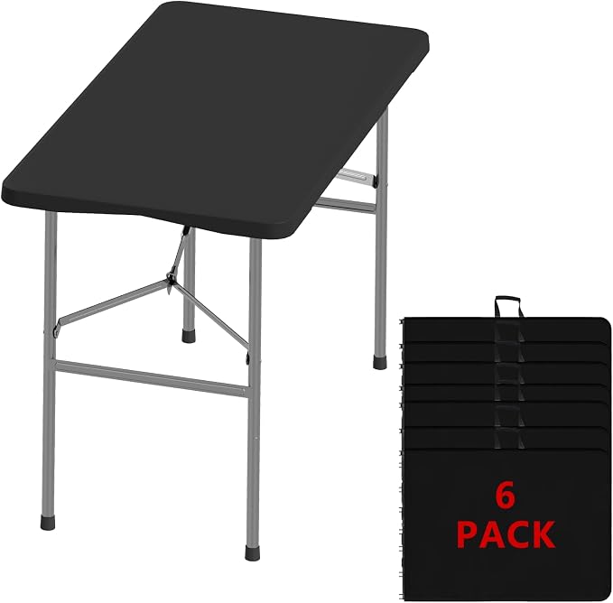 4FT Folding Tables – Heavy Duty Portable Foldable Picnic Table with Built-in Handle, 450 lb Capacity – Ideal for Events, Parties, Crafts, Camping & Dining (6-Pack, Black)