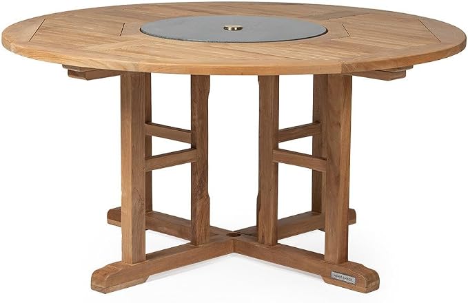 Ash & Ember Grade A Teak 59" Round Dining Table with Granite Lazy Susan, Turntable Rotating Tray Serving Plate, Slatted Surface with Umbrella Hole, Fits 4 People Comfortably, Weather-Resistant
