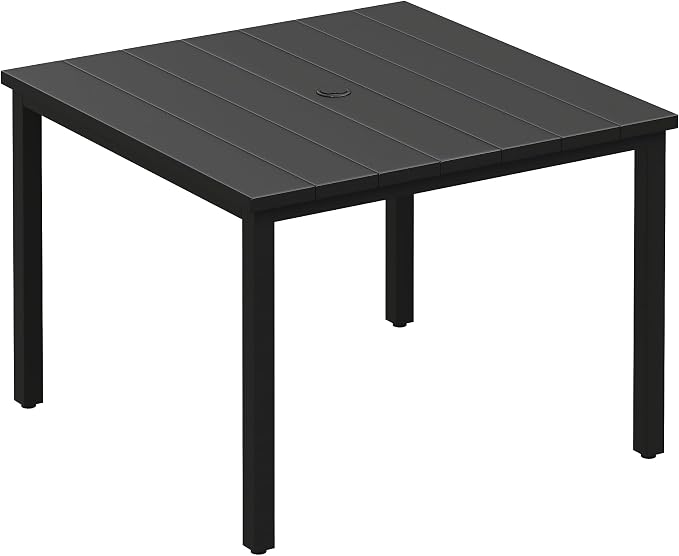 VICLLAX Square Patio Dining Table for 4, Outdoor Patio Table with Umbrella Hole for Garden Lawn Deck Backyard, Black Tabletop