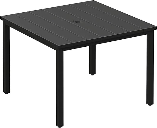 VICLLAX Square Patio Dining Table for 4, Outdoor Patio Table with Umbrella Hole for Garden Lawn Deck Backyard, Black Tabletop