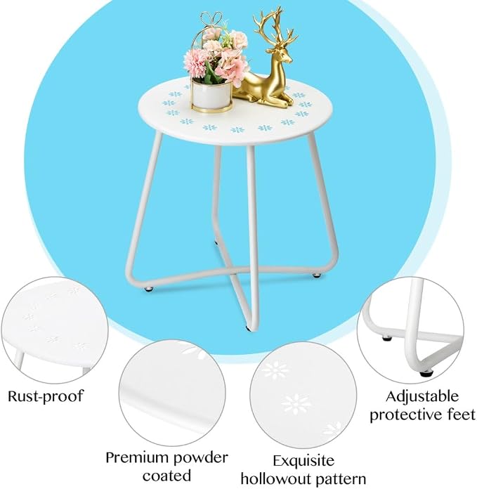 danpinera Outdoor Side Tables with Flower Cut Outs, Weather Resistant Steel Patio Side Table, Small Round Outdoor End Table Metal Side Table for Patio Yard Balcony Garden White