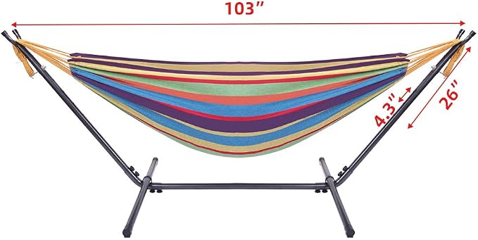 Portable Outdoor Hammock with Stand, Heavy Duty Steel Frame and Carrying Bag, Multi-Color Striped Polyester Fabric Hammock for Patio, Garden, Backyard & Camping, 250lbs Capacity