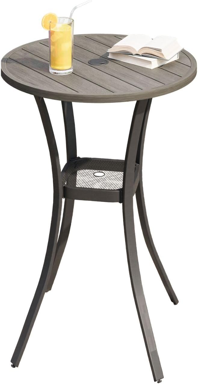 DIFY Patio Bar Height Table, Grey Wood-Like 28" Round Outdoor Pub Table with 1.57" Umbrella Hole for Bistro, Garden, Poolside and Balcony