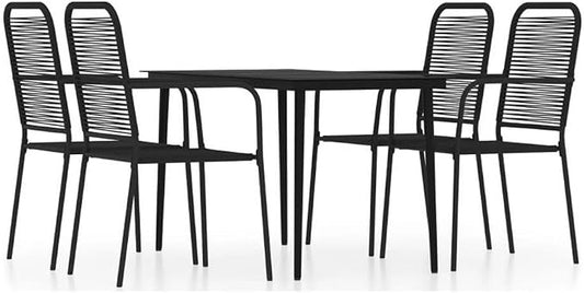 Bowery Hill Powder-Coated Steel 5-Piece Patio Dining Set, Rectangular Glass Table and 4 Cotton Chairs, Weather-Resistant Durable Construction, Black Finish, Compact Outdoor Garden or Balcony Furniture