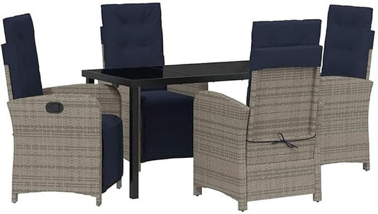 Afuera Living 5 Piece Poly Rattan Garden Dining Set, Gray Finish, Glass-Topped Table, Cushioned Seats, Adjustable Backrests, Steel Frames, Modern Patio Furniture for Outdoor Dining and Relaxation