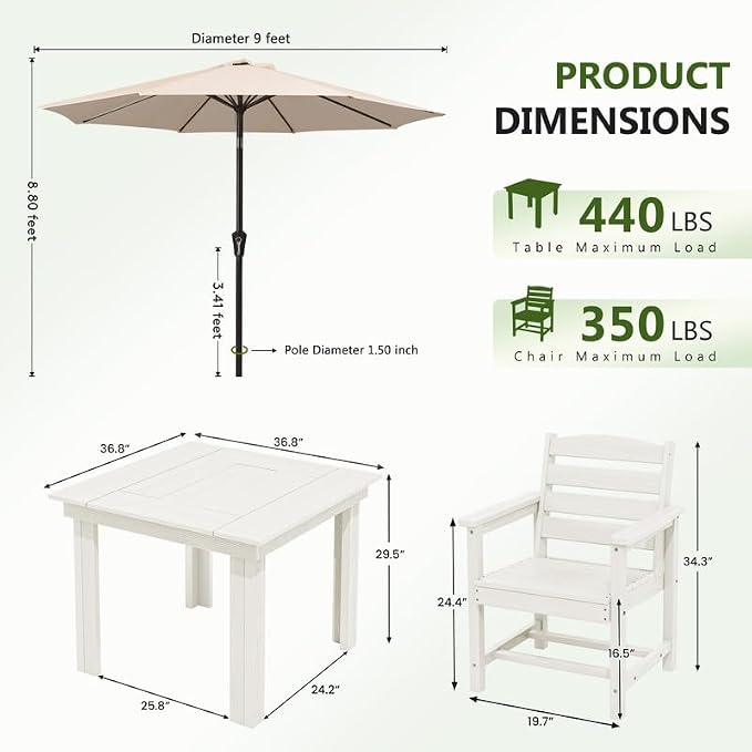 KINGYES 8-Piece HDPE Outdoor Dining Set for 6, Square Patio Table & Armchairs with Umbrella Hole, All-Weather Patio Dining Set for Backyard, Garden, Lawn & Poolside, White
