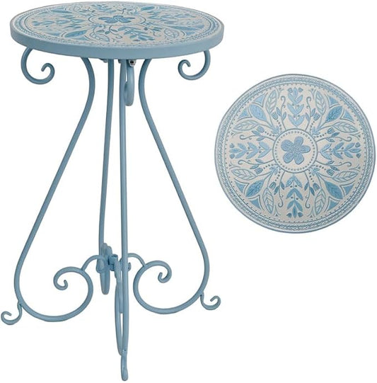 Vintage Outdoor Side Table Round Mosaic Ceramic Tile Top 14" Diameter Metal Plant Stand for Flower Pots Vase Garden Home Porch Pool Indoor Decor Weather Resistant Outside Patio Accent End Furniture