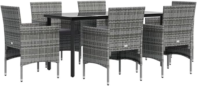 Afuera Living Contemporary 7 Piece Garden Dining Set, Poly Rattan, Gray Finish, Includes Tempered Glass Table and 6 Cushioned Chairs, Weather-Resistant, Outdoor Patio Furniture for Garden or Balcony