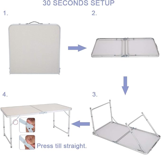 4ft Portable Folding Camping Table,Outdoor Adjustable Foldable Picnic Camp Suitcase Table for Picnic, BBQ, Party, Beach,White