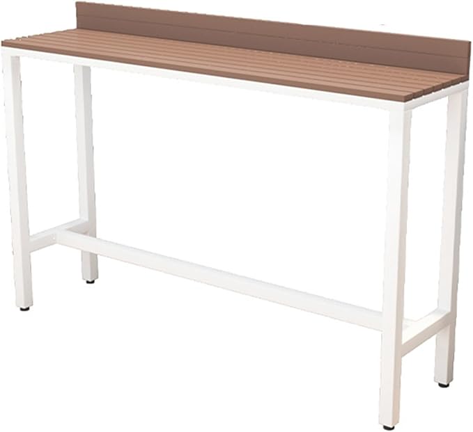 Outdoor Bar Table, Patio Pub Height Table with Anti-Fall Baffle, All-Weather Bar Height Counter Table, Narrow Dining Table for Hot Tub, Garden & Backyard(Color:White+Wood,Size:L-62.9in)