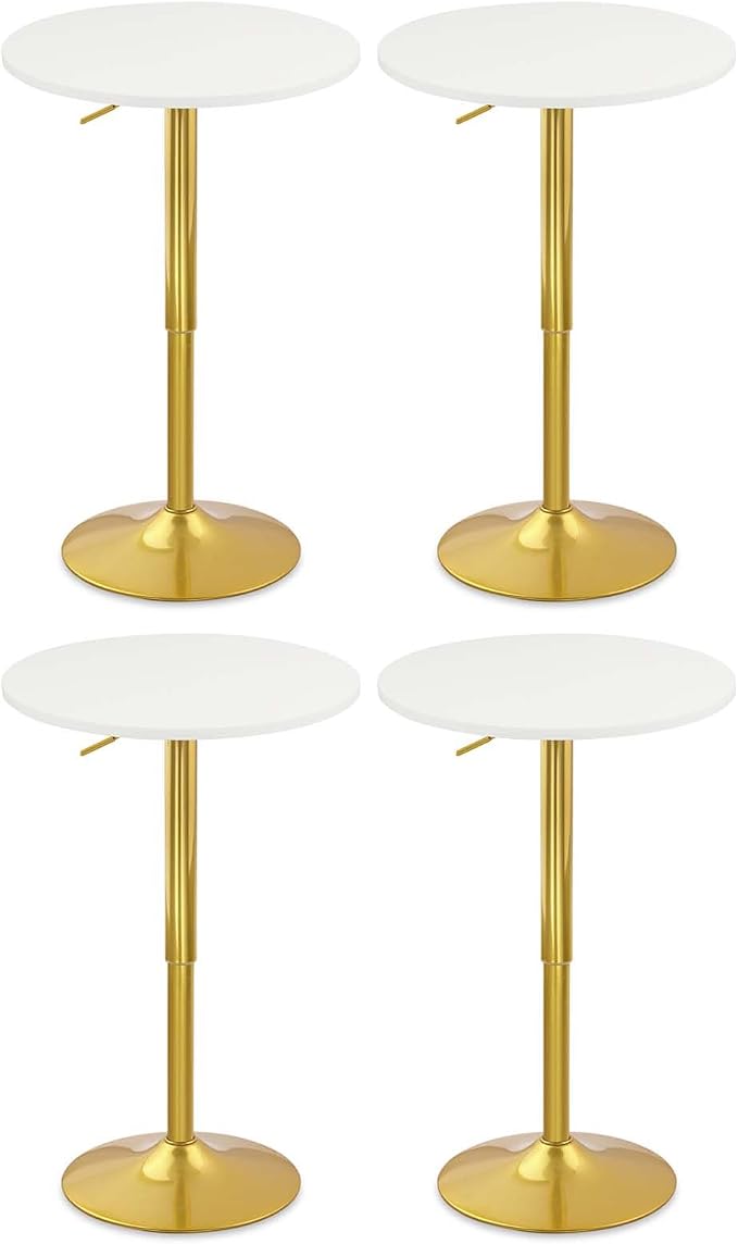 CLATINA Round Bar Pub Tables Set of 4, 26"-36" Height Adjustable Bistro Table with Gold Base, 360° Swivel High Top Cocktail Table for Home Kitchen Party Drink Restaurant Wedding Cafe Reception, White