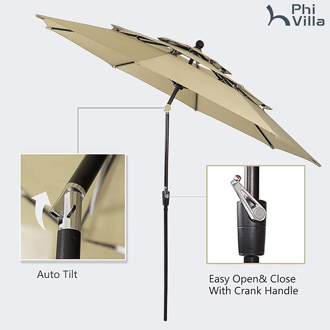 PHI VILLA Outdoor Table Chairs Set w/Umbrella, 5pc Patio Metal Furniture | 37" wrought iron square table & stackable chairs for 4. 10ft beige umbrella. Dining set for deck, porch, backyard.