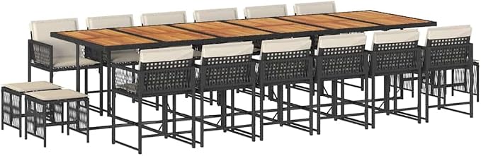 17-Piece Outdoor Garden Dining Set Black and Cream White with Cushions, UV-Resistant PE Rattan Patio Furniture for 16 People, Rectangular Table for Backyard Terrace Balcony Gatherings Family Meals