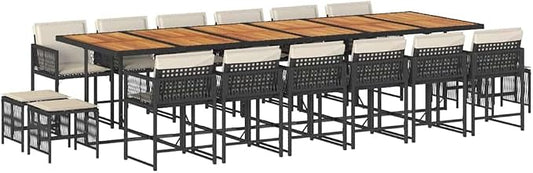 17 Piece Garden Dining Set for 16 People, Large Outdoor Patio Furniture Set with Acacia Wood Table and PE Rattan Chairs, Modern Dining Set with Cushions for Terrace and Backyard