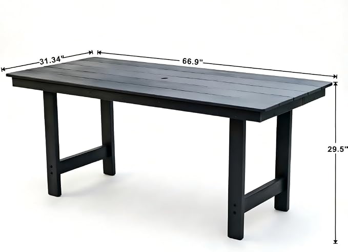 KEIKI 66.9" HDPE Outdoor Table, All Weather Patio Table with Umbrella Hole,Waterproof & Fade Resistant, Wood Grain Finish, Easy Assembly Patio Furniture for Garden Balcony Poolside Backyard, Black