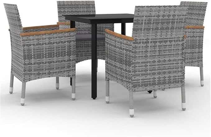 BOWERY HILL Contemporary 5 Piece Patio Dining Set, PE Rattan Weather-Resistant Seats, Gray Finish with Cushions, Glass Tabletop, Compact Outdoor Garden and Terrace Furniture for 4 People