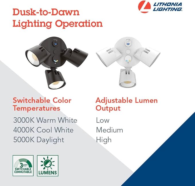 Lithonia Lighting HomeGuard 3-Light LED Outdoor Flood Lights, Dusk to Dawn | Dark Bronze Outdoor LED Lights, Adjustable Lumens, Selectable Color, Round Heads (HGX LED 3RH ALO SWW2 120 PE DDB)
