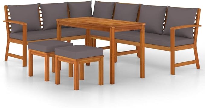 7-Piece Solid Acacia Wood Patio Dining Set with Dark Gray Cushions, Water-Resistant Outdoor Furniture for Backyard and Garden