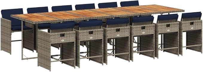13 Piece Patio Dining Set with Cushions Gray Poly Rattan Outdoor Table Chairs for Garden Backyard Porch Entertaining Foldable Storage Space Saving Acacia Wood Comfortable heavy-duty Set of 13