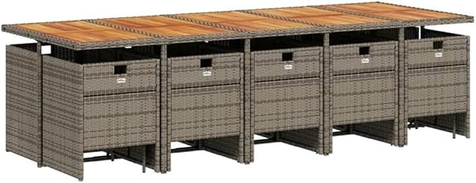 Afuera Living 15 Piece Poly Rattan Patio Dining Set, Gray and Oiled Acacia Wood, Removable Cushions, Weather-Resistant, Foldable and Stackable Chairs, Compact Outdoor Furniture for Garden, Patio,