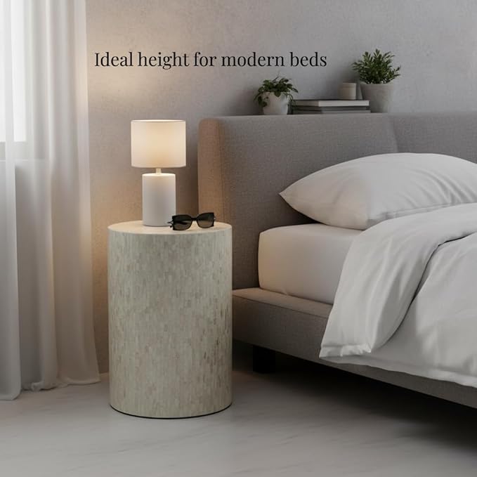 PEMAR Mother of Pearl Cylinder Drum End Table Nacre Side Stool Round Accent Table Coffee Bedside Nightstand and Vanity Stool 13" Diameter x 19.3" High Pearl White & Cream