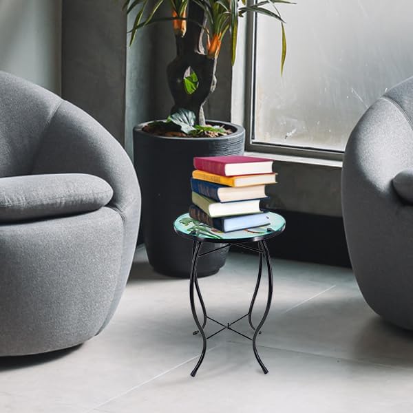 12 Inch Round Dragonfly Glass Side Table, Patio Small Table, Outdoor Side Table, Outdoor Bar Table, Metal Glass End Table for Porch Garden Patio Pool Living Room