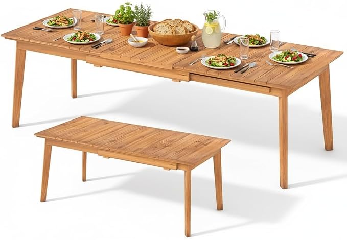 Tangkula 71"-94" Teak Wood Extendable Patio Dining Table for 6-8 People, Large Expandable Outdoor Slatted Table, Rectangular Outdoor Dinner Table for Garden, Lawn, Yard and Poolside