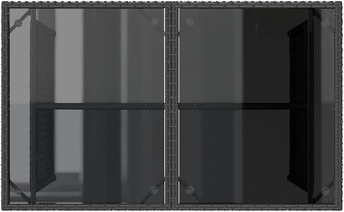 Black Poly Rattan Patio Table with Tempered Glass Top, 43.3x26.8x27.6 Inch Rectangular Outdoor Table for Garden