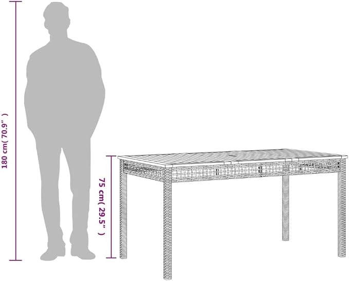 Beige 55.1" x 31.5" x 29.5" Rectangular Patio Table with PE Poly Rattan Base and Acacia Wood Top for Garden Backyard