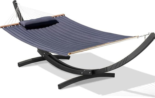 Lazy Daze Hammocks 12 FT 2 Person Double Quilted Hammock with Black Curved Steel Heavy Duty Stand and Pillow for Outside, Backyard, Patio, 450 Lbs Capacity, Dark Grey