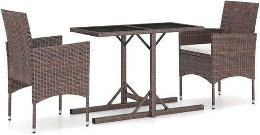 3 Piece Patio Dining Set Brown Cream White Poly Rattan Table 43.3" Glass Top Chairs with Cushions Powder-Coated Steel Frame Outdoor Bistro Set for Garden Balcony Small Spaces