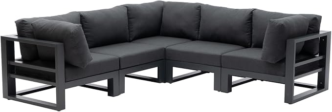 5 Pieces Patio Furniture Set Outdoor Aluminum Sectional Sofa Couch All-Weather Conversation Set with Upgraded Dark Grey Cushions