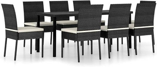 9 Piece Poly Rattan Patio Dining Set Black | Steel Frame, Weather Resistant, Removable Seat Cushions, Lightweight for Outdoor Use