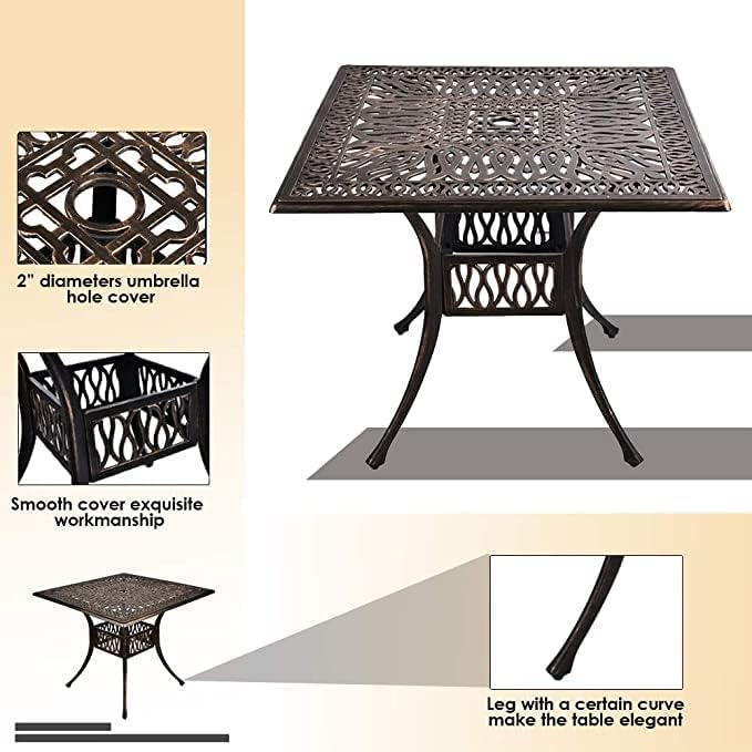 Grepatio 35.4" Square Cast Aluminum Dining Table, Compact Bistro Table with 2" Umbrella Hole Conversation Table, Antique Bronze