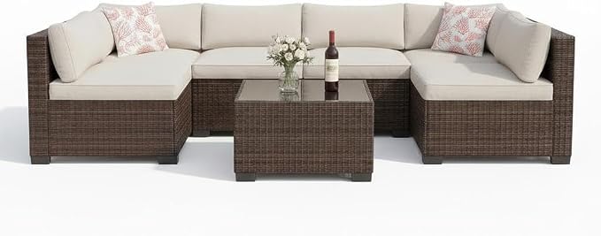 7-Piece Brown+Beige Patio Rattan Sectional Sofa Set with Coffee Table