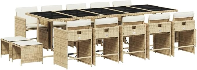 15 Piece Patio Dining Set with Cushions, Foldable PE Rattan Garden Furniture for Outdoor Backyard, Beige