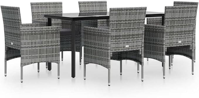 Afuera Living Contemporary 7 Piece Garden Dining Set, Poly Rattan, Gray Finish, Includes Tempered Glass Table and 6 Cushioned Chairs, Weather-Resistant, Outdoor Patio Furniture for Garden or Balcony