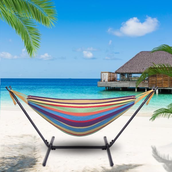 Double Hammock with Steel Stand for Outside,Portable Space Saving Heavy-Duty Steel Frame Hammock w/Portable Carrying Bag for Indoor Outdoor Patio Yard Camping,Easy Assembly,600 lbs Capacity (Rainbow)