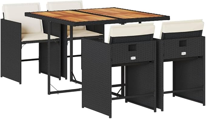 5 Piece Patio Dining Set with Cushions Black Poly Rattan Outdoor Furniture Table and 4 Chairs Foldable Space Saving for Garden Backyard Deck