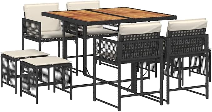 9 Piece Garden Dining Set, Black PE Rattan Patio Furniture with Folding Table and Chairs, Outdoor Dining Chairs with Weather Resistant Cushions for Backyard, Deck, and Garden