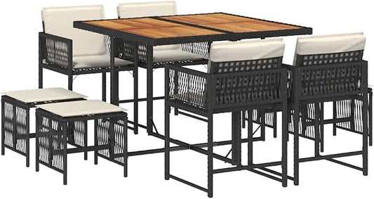 9-Piece Garden Dining Set with Cushions, Collapsible PE Rattan Patio Furniture with Acacia Wood and Powder-Coated Steel Table, Outdoor Space-Saving Conversation Set for 8 People, Black