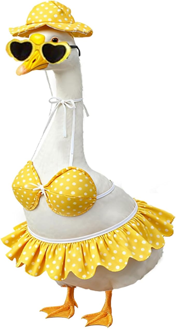 Summer Bikini Porch Goose Outfits – Yellow Swimsuit Goose Clothes with Sun Hat & Heart Sunglass, Cute Patio Lawn Garden Decor for 23 Inch Lawn Goose