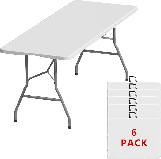 6FT Folding Tables – Heavy Duty Portable Foldable Picnic Table with Built-in Handle, 450 lb Capacity – Ideal for Events, Parties, Crafts, Camping & Dining (6-Pack, White)