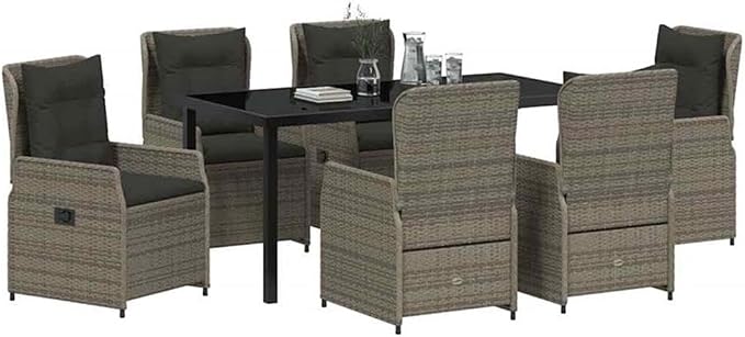 Afuera Living 7 Piece Poly Rattan Patio Dining Set, Gray Finish, Adjustable Backrest Chairs, Tempered Glass Table, Weather-Resistant Outdoor Garden Furniture for Family Gatherings and Dining Use