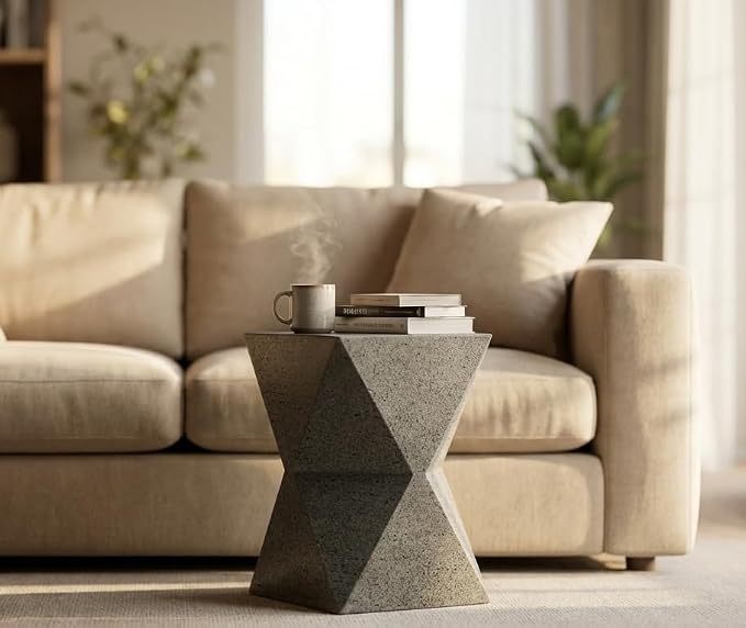 Outdoor Side Table – Lightweight Stone Patio Coffee Stand, Concrete End Table for Backyard, Balcony (Rhombus)