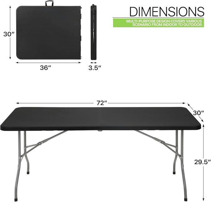 Magshion 6ft Plastic Folding Table with Handle for Indoor Outdoor, 6 Foot Utility Commercial Craft Foldable Table for Party Events, Black